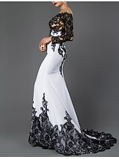 preiswerte WEISS-Meerjungfrau Abendkleid Farbblock Kleid Hochzeitsfeier Schleppe Lange Ärmel Off Schulter Herbsthochzeitsfeier Stretchstoff mit Spitzenbesatz 2025