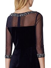 cheap Tea Length-Sheath Cocktail Dresses Black Dress Wedding Guest Cocktail Party Knee Length 3/4 Length Sleeve Illusion Neck Fall Wedding Guest Stretch Satin with Crystals Sequin 2025 free custom size