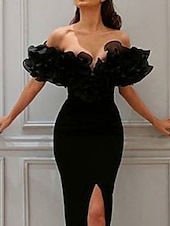 abordables Robes de bal de promo-Robe de bal en coupe ajustée robe sexy invitée de mariage bal longue manches courtes sans épaule en chiffon avec fente avant volants en cascade Robe de bal masquée 2025