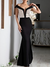 cheap BLACK-Sheath Evening Gown Color Block Dress Formal Wedding Guest Floor Length Short Sleeve V Neck Sequined with Sequin