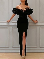 abordables Robes de bal de promo-Robe de bal en coupe ajustée robe sexy invitée de mariage bal longue manches courtes sans épaule en chiffon avec fente avant volants en cascade Robe de bal masquée 2025