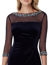 cheap Tea Length-Sheath Cocktail Dresses Black Dress Wedding Guest Cocktail Party Knee Length 3/4 Length Sleeve Illusion Neck Fall Wedding Guest Stretch Satin with Crystals Sequin 2025 free custom size