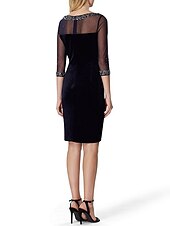 cheap Tea Length-Sheath Cocktail Dresses Black Dress Wedding Guest Cocktail Party Knee Length 3/4 Length Sleeve Illusion Neck Fall Wedding Guest Stretch Satin with Crystals Sequin 2025 free custom size