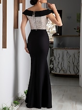 cheap BLACK-Sheath Evening Gown Color Block Dress Formal Wedding Guest Floor Length Short Sleeve V Neck Sequined with Sequin