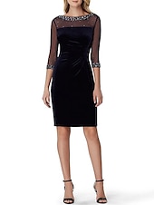 cheap Tea Length-Sheath Cocktail Dresses Black Dress Wedding Guest Cocktail Party Knee Length 3/4 Length Sleeve Illusion Neck Fall Wedding Guest Stretch Satin with Crystals Sequin 2025 free custom size