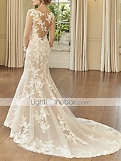 abordables Robes de mariée de luxe-Robe Dorée Fiançailles Robes de Mariage Formelles Sirène Col Illusion Manches Longues Traîne Courte Dentelle Robes de Mariée Avec Broderie sortez du lot
