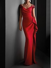 economico ROSSO-Abito da sera aderente abito sexy evento elegante strascico  strascico maniche corte scollo a V invitata a matrimonio in jersey con drappeggio