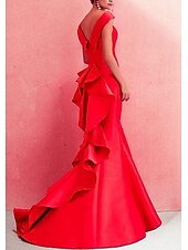 cheap RED-Mermaid Evening Gown Beautiful Back Dress Wedding Guest Engagement Floor Length Short Sleeve Off Shoulder Satin with Ruffles Draping