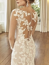 abordables Robes de mariée de luxe-Robe Dorée Fiançailles Robes de Mariage Formelles Sirène Col Illusion Manches Longues Traîne Courte Dentelle Robes de Mariée Avec Broderie sortez du lot