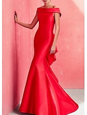 cheap RED-Mermaid Evening Gown Beautiful Back Dress Wedding Guest Engagement Floor Length Short Sleeve Off Shoulder Satin with Ruffles Draping