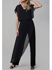 abordables Combinaisons pour maman-Combinaison/Pantalon Mère de la Mariée Invitée de Mariage Combinaisons Col en V Longueur Cheville Chiffon Manches Courtes avec Fronces 2025 taille sur mesure gratuite