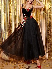 cheap Prom Dresses-A-Line Prom Dresses Elegant Dress Prom Ankle Length Sleeveless Spaghetti Strap Tulle with Pleats Appliques 2022 / Formal Evening