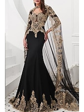 economico Abiti da ballo-Sirena Tromba Strascico da Corte Abito da ballo con mantello Abito da Sera Abito formale Vintage Brillanti Brillare &amp; Splendere Manica Lunga Collo Alto Halloween Ospite di nozze Raso Tulle con