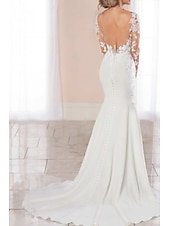 cheap Formal Wedding Dresses-Engagement Open Back Formal Wedding Dresses Mermaid V Neck Long Sleeve Court Train Chiffon Bridal Gowns With Buttons Appliques 2025