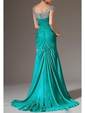 abordables VERT-Robe de soirée Sheath Robe dos ouvert Invitée de Mariage Traîne Sweeping  Brush Sans Manches Col Plongeant Chiffon avec Cristaux Froncés Perles 2025