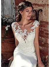 cheap Casual Wedding Dresses-Beach Wedding Beach Open Back Wedding Dresses Mermaid Illusion Neck Cap Sleeve Court Train Chiffon Bridal Gowns With Appliques 2025