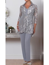 cheap Mom&#039;s Pant Suits-Jumpsuit / Pantsuit 3 Piece Mother of the Bride  Formal Wedding Guest Elegant Plus Size V Neck Ankle Length Chiffon Lace 3/4 Length Sleeve Wrap Included with Sequin Crystal Brooch 2025