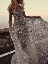 cheap Prom Dresses-A-Line Sparkle &amp; Shine Prom Dress Strapless Sleeveless Floor Length Tulle Sequined with Pleats Sequin 2021