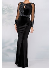 abordables NOIR-Robe de Soirée Fourreau Robe Sequin Formelle Soirée Longueur de Sol Manches Longues Col Bijou Automne Invité de Mariage Tulle avec Cristaux Robe Mascarade 2025