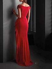economico ROSSO-Abito da sera aderente abito sexy evento elegante strascico  strascico maniche corte scollo a V invitata a matrimonio in jersey con drappeggio