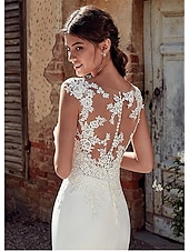 cheap Casual Wedding Dresses-Beach Wedding Beach Open Back Wedding Dresses Mermaid Illusion Neck Cap Sleeve Court Train Chiffon Bridal Gowns With Appliques 2025