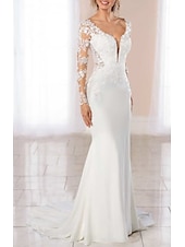 cheap Formal Wedding Dresses-Engagement Open Back Formal Wedding Dresses Mermaid V Neck Long Sleeve Court Train Chiffon Bridal Gowns With Buttons Appliques 2025