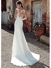 cheap Casual Wedding Dresses-Beach Wedding Beach Open Back Wedding Dresses Mermaid Illusion Neck Cap Sleeve Court Train Chiffon Bridal Gowns With Appliques 2025