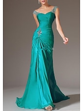 abordables VERT-Robe de soirée Sheath Robe dos ouvert Invitée de Mariage Traîne Sweeping  Brush Sans Manches Col Plongeant Chiffon avec Cristaux Froncés Perles 2025