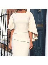 preiswerte Teelänge-Sheath Kleid der Mutter der Braut Hochzeitsgast Elegantes Einfaches Plus Size Juwel Dekolleté Asymmetrisch Knie Länge Charmeuse Halblange Ärmel mit Stufen kostenlose Sondergröße