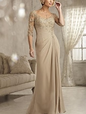 billiga CHAMPAGNE-Havfrue Guld Klänning Kvällsklänning Elegant Klänning Engagemang Formell Kväll Golvlängd 3/4 Längd Ärmar V Hals Höst Bröllopsgäst Chiffong med Plisseringar Rynkad klänning att imponera 2025