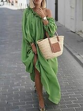 halpa Mekot-naisten vapaa-ajan mekko keinu mekko boho mekko pitkä mekko maxi mekko aprikoosinvihreä sininen pitkähihainen puhdas väri rypytetty talvi syksy kevät yksi olka muoti talvimekko päivittäinen loma