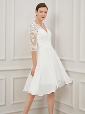 preiswerte Kleine weiße Kleider-Empfang Kleine weiße Kleider Brautduschekleider Hochzeitskleider A-Linie V-Ausschnitt Halblanger Ärmel knielang Chiffon Brautkleider mit Drapierungen Applikationen
