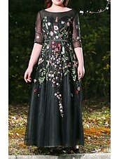 cheap Prom Dresses-A-Line Prom Dresses Plus Size Dress Prom Formal Evening Floor Length Half Sleeve Jewel Neck Satin with Appliques 2023