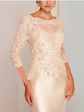 levne Délka čaje-Šaty pro matku nevěsty elegantní šaty pro svatební hosty perlový výstřih kolenní délka charmeuse 3/4 délka rukávu s aplikacemi šaty pro dostihy volná velikost na míru