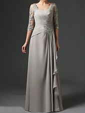 cheap Floor Length-Sheath Mother of the Bride Dress Wedding Guest Elegant Square Neck Floor Length Chiffon Lace Half Sleeve with Ruching 2025 free custom size