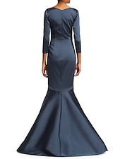 preiswerte Bodenlänge-Meerjungfrau Brautmutterkleid Eleganter tiefer Ausschnitt Sweep  Brush Train Satin 3/4 Ärmel mit Raffung 2025 Maßanfertigung kostenlos