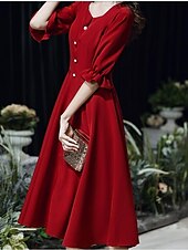 cheap Cocktail Dresses-A-Line Minimalist Homecoming Cocktail Party Dress V Neck Half Sleeve Knee Length Spandex with Buttons 2021