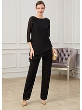 abordables Combinaisons pour maman-Combinaison  Tailleur Mère de la Mariée Élégant Col Bijou Longueur Sol Chiffon Manches Mi-Longues avec Ruching taille personnalisée gratuite