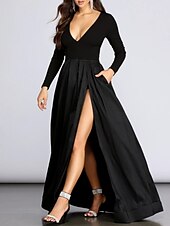 baratos Vestidos Baile Formatura-De Baile Vestidos de baile Elegante Vestido Baile de Formatura Noite Formal Longo Manga Longa Decote V Elastano com Pregas Fenda 2024