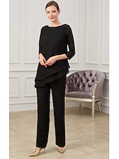 abordables Combinaisons pour maman-Combinaison  Tailleur Mère de la Mariée Élégant Col Bijou Longueur Sol Chiffon Manches Mi-Longues avec Ruching taille personnalisée gratuite