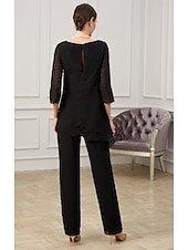 abordables Combinaisons pour maman-Combinaison  Tailleur Mère de la Mariée Élégant Col Bijou Longueur Sol Chiffon Manches Mi-Longues avec Ruching taille personnalisée gratuite