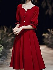 cheap Cocktail Dresses-A-Line Minimalist Homecoming Cocktail Party Dress V Neck Half Sleeve Knee Length Spandex with Buttons 2021