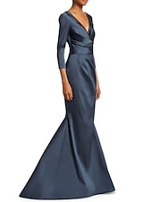 preiswerte Bodenlänge-Meerjungfrau Brautmutterkleid Eleganter tiefer Ausschnitt Sweep  Brush Train Satin 3/4 Ärmel mit Raffung 2025 Maßanfertigung kostenlos
