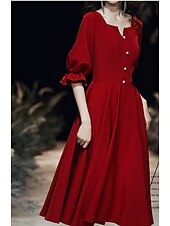 cheap Cocktail Dresses-A-Line Minimalist Homecoming Cocktail Party Dress V Neck Half Sleeve Knee Length Spandex with Buttons 2021