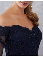 cheap BLUE-Mermaid Evening Gown Elegant Dress Wedding Guest Formal Evening Sweep / Brush Train Half Sleeve Off Shoulder Lace with Beading Lace Insert Appliques Masquerade Dress