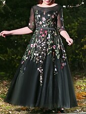 cheap Prom Dresses-A-Line Prom Dresses Plus Size Dress Prom Formal Evening Floor Length Half Sleeve Jewel Neck Satin with Appliques 2023
