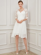 preiswerte Kleine weiße Kleider-Empfang Kleine weiße Kleider Brautduschekleider Hochzeitskleider A-Linie V-Ausschnitt Halblanger Ärmel knielang Chiffon Brautkleider mit Drapierungen Applikationen