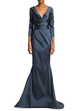preiswerte Bodenlänge-Meerjungfrau Brautmutterkleid Eleganter tiefer Ausschnitt Sweep  Brush Train Satin 3/4 Ärmel mit Raffung 2025 Maßanfertigung kostenlos