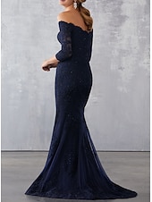 cheap BLUE-Mermaid Evening Gown Elegant Dress Wedding Guest Formal Evening Sweep / Brush Train Half Sleeve Off Shoulder Lace with Beading Lace Insert Appliques Masquerade Dress