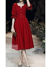 cheap Cocktail Dresses-A-Line Minimalist Homecoming Cocktail Party Dress V Neck Half Sleeve Knee Length Spandex with Buttons 2021